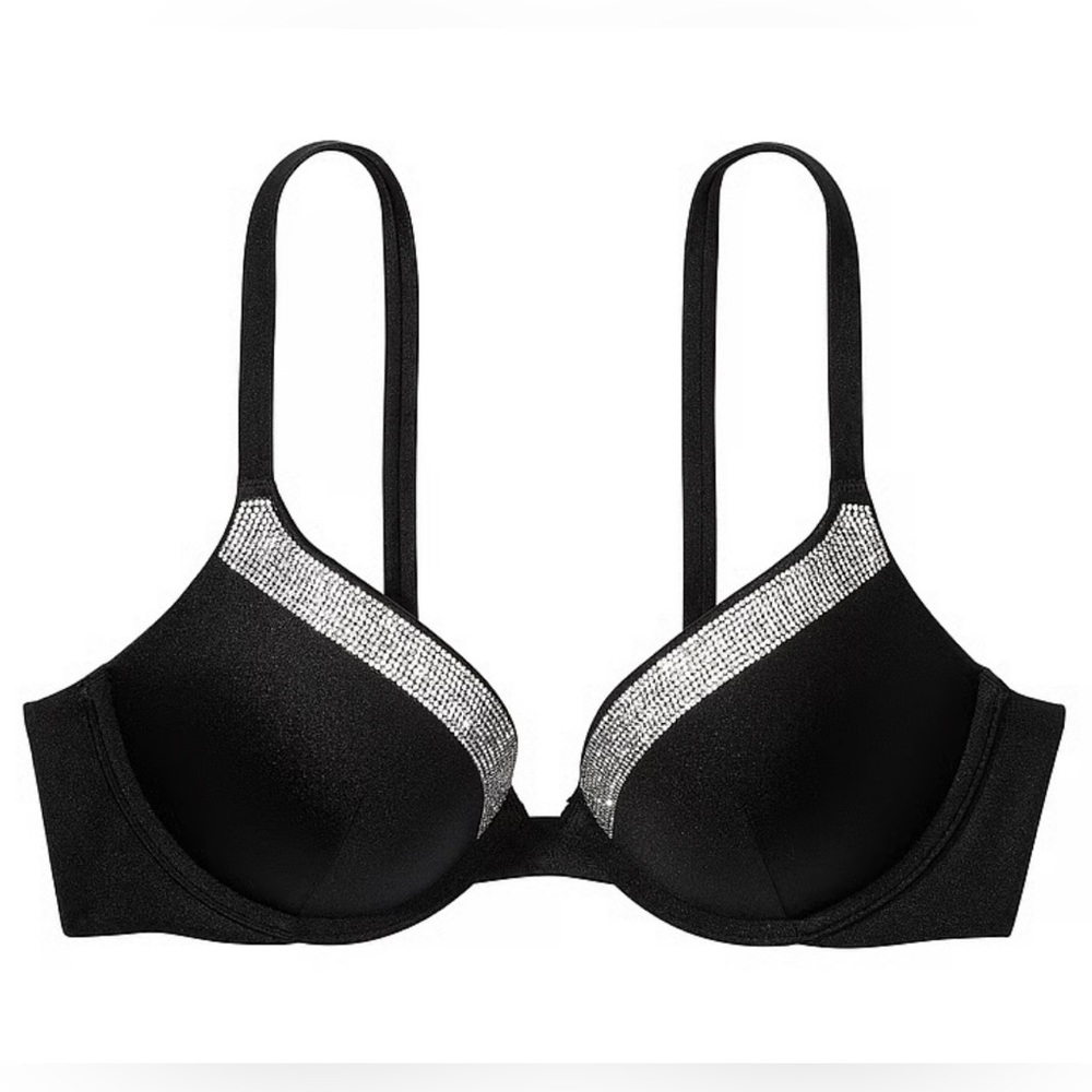 Victoria's Secret Swim Very Sexy Shine Trim Push-Up Bikini Top, Black, 32DD,BNWT